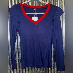 Navy Blue and Red V-Neck Ruffle Top